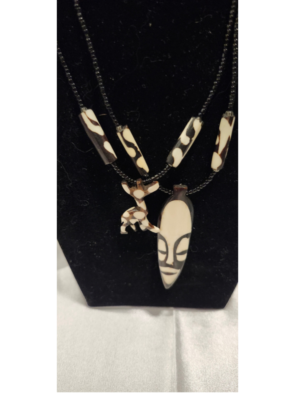 Vintage African Batik Bone Pendant Necklace Set | Giraffe & Tribal Mask